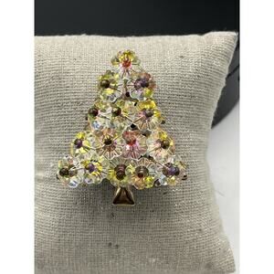 Vintage AB Multi Color Rhinestone Yellow Finish Christmas Tree Pin Brooch